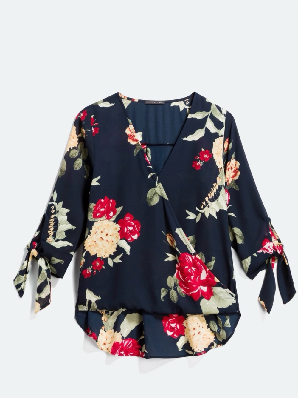 West Kei Navy Floral Wrap-Style Blouse with Red & Yellow Flowers - Large Top